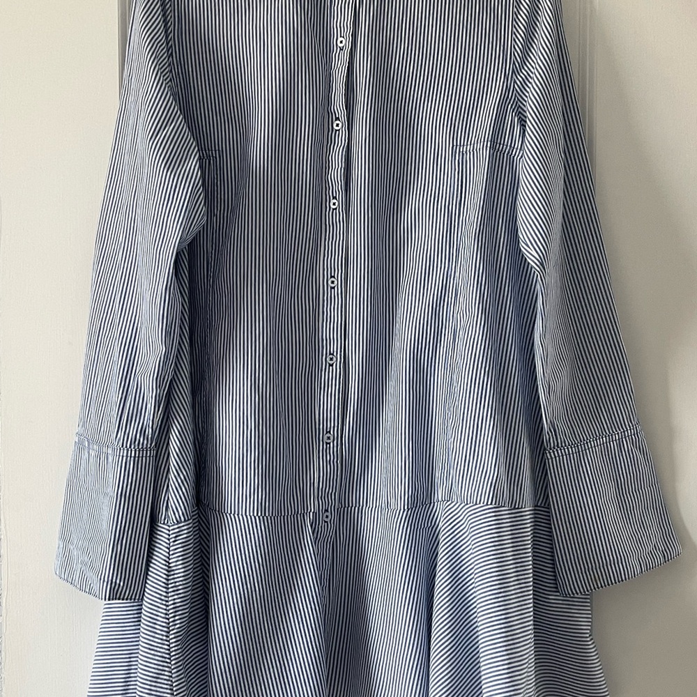 Free People Striped Blue Button Down Dress with Ruffle Hem